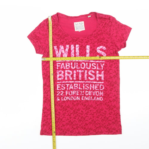 Jack Wills Women's Pink Floral Crew Neck Cotton T-Shirt Size 6