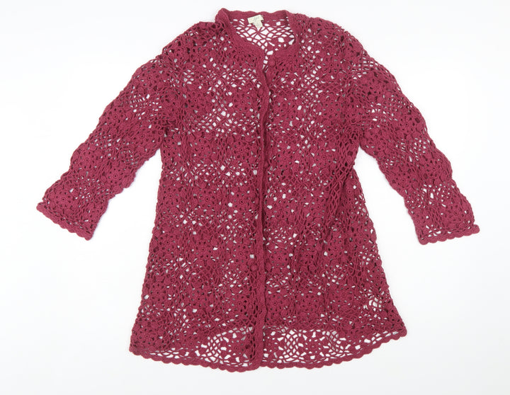 J.Jill Women Red Crochet Open Knit 3/4 Sleeve Cardigan L