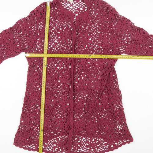 J.Jill Women Red Crochet Open Knit 3/4 Sleeve Cardigan L