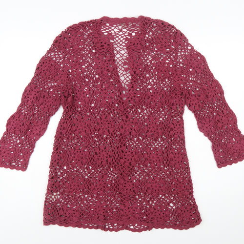 J.Jill Women Red Crochet Open Knit 3/4 Sleeve Cardigan L