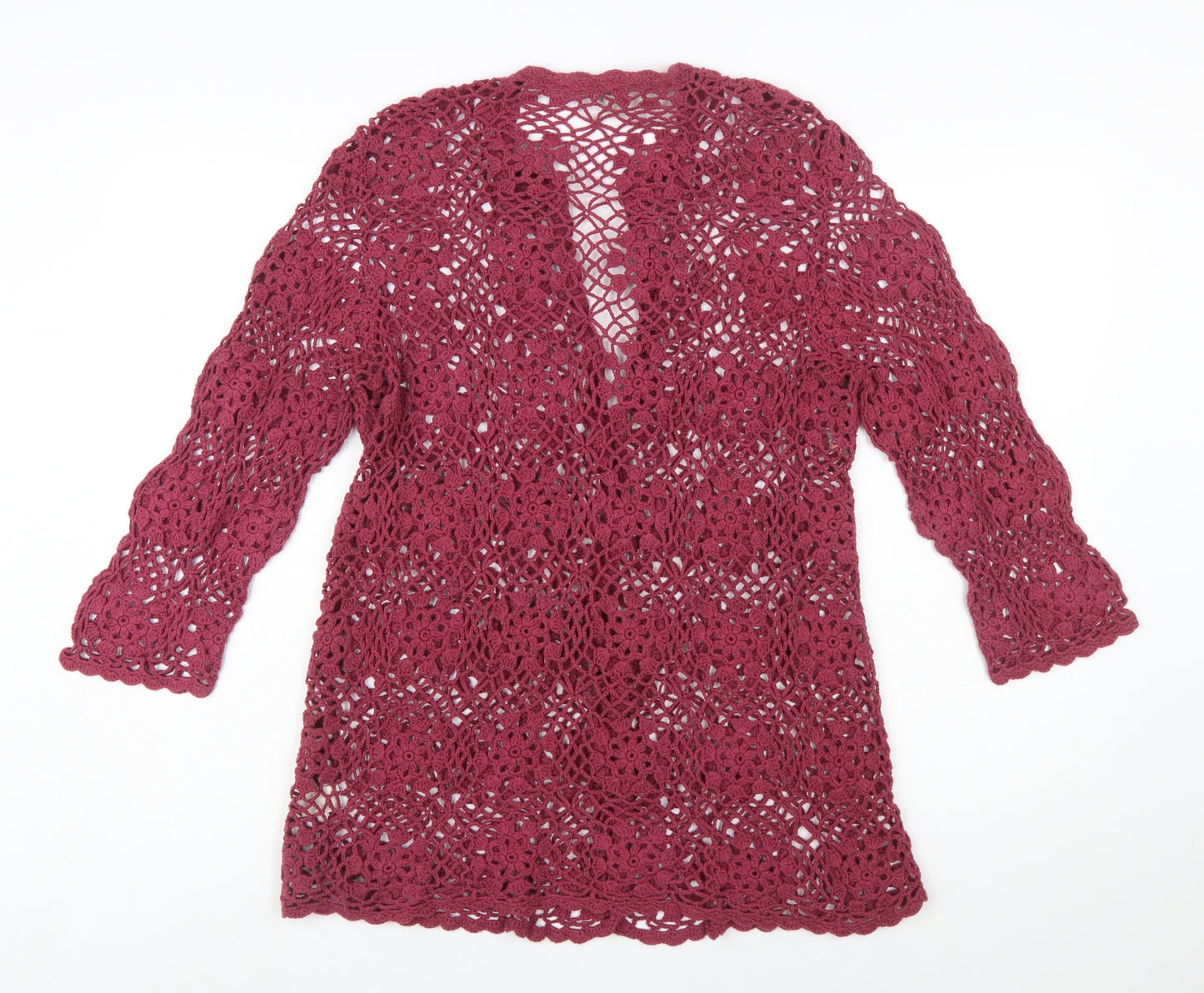 J.Jill Women Red Crochet Open Knit 3/4 Sleeve Cardigan L