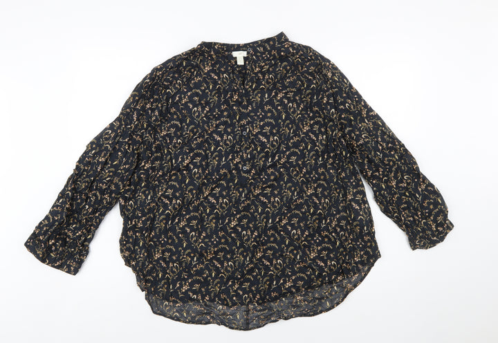 H&M Womens Black Floral Cotton Long Sleeve Tunic Blouse Size 12