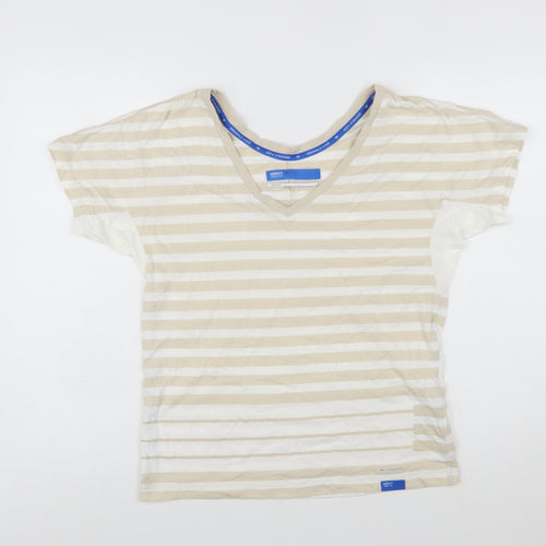 Adidas Womens Beige Striped V-Neck Cotton T-Shirt Size 10