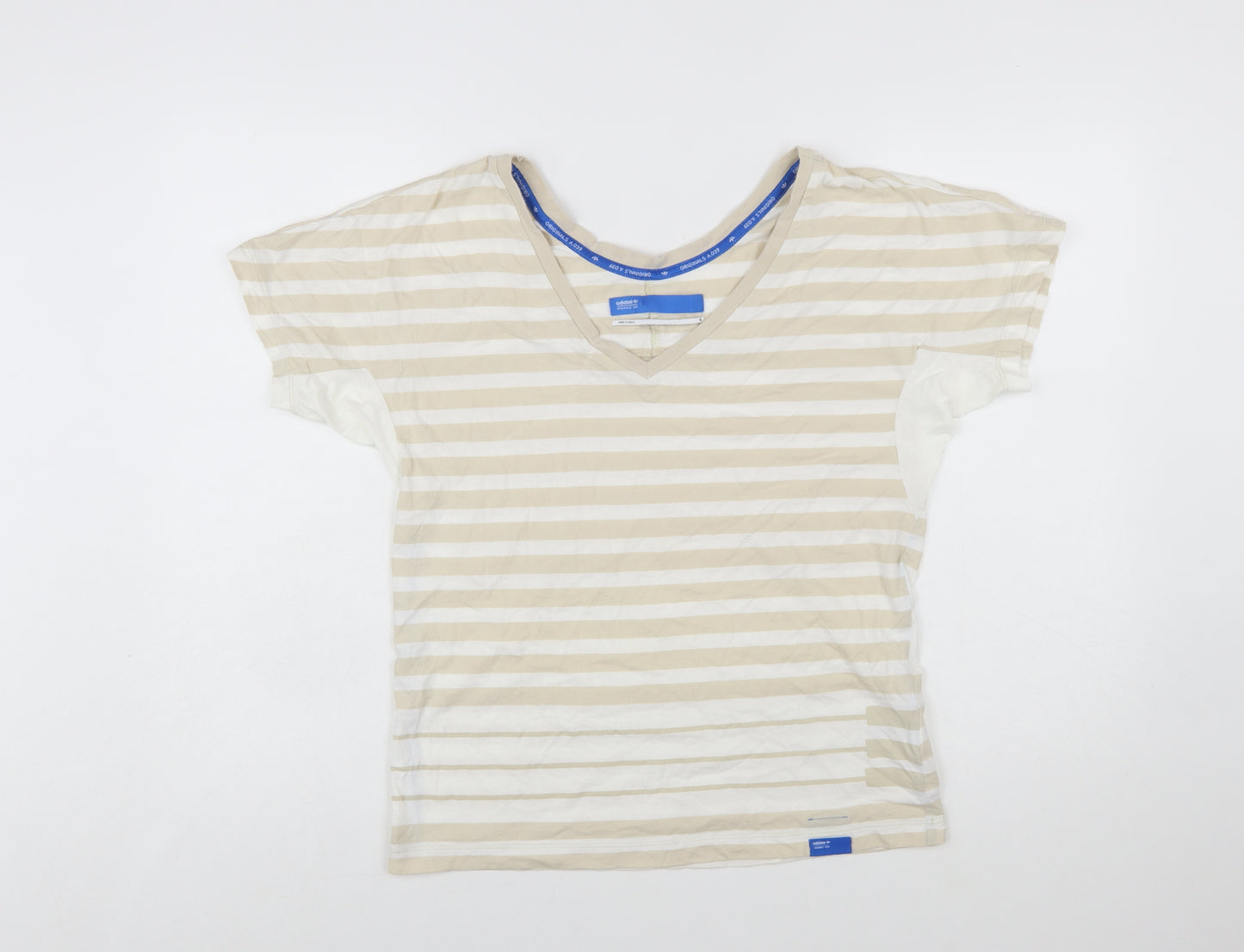 Adidas Womens Beige Striped V-Neck Cotton T-Shirt Size 10
