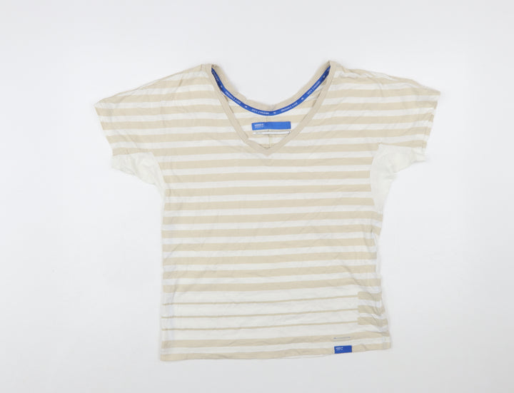 Adidas Womens Beige Striped V-Neck Cotton T-Shirt Size 10