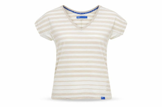 Front view of Adidas women’s beige striped v-neck cotton t-shirt, size UK 10