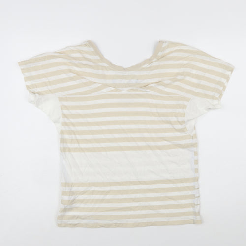 Adidas Womens Beige Striped V-Neck Cotton T-Shirt Size 10