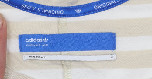 Adidas Womens Beige Striped V-Neck Cotton T-Shirt Size 10