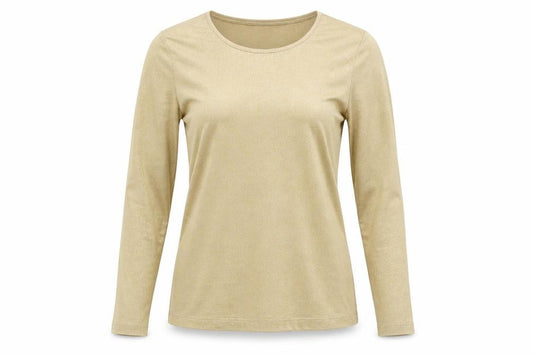 Front view of Chico's Women Gold Glitter Long Sleeve Scoop Neck Top, size S