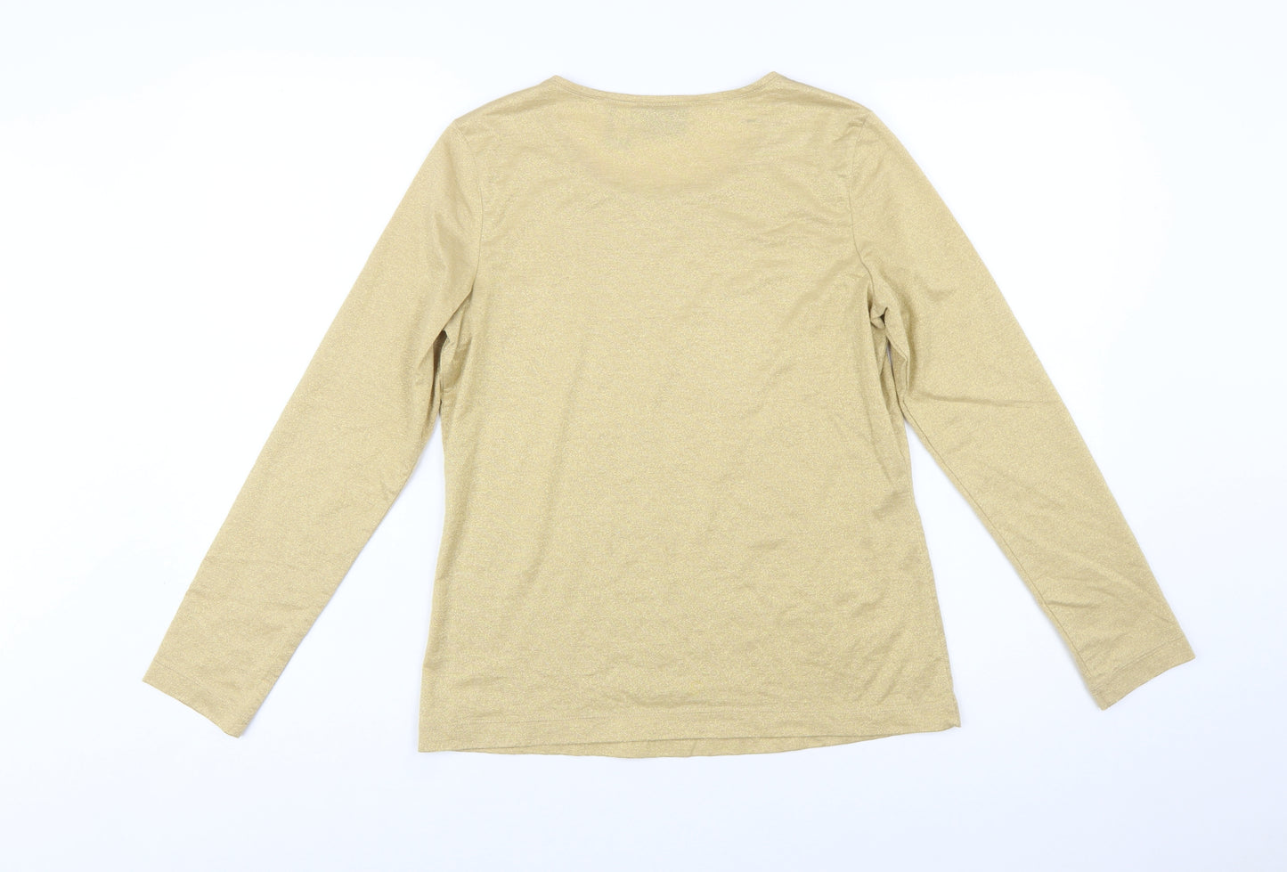 Chico's Women Gold Glitter Long Sleeve Scoop Neck Top Size S
