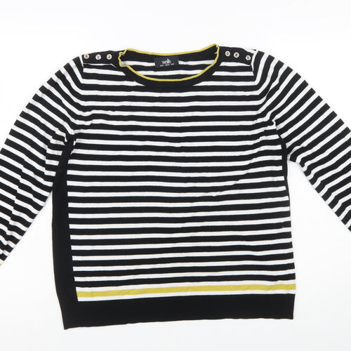 Wallis Women's Black Striped Button Shoulder Boat Neck Jumper Size 16