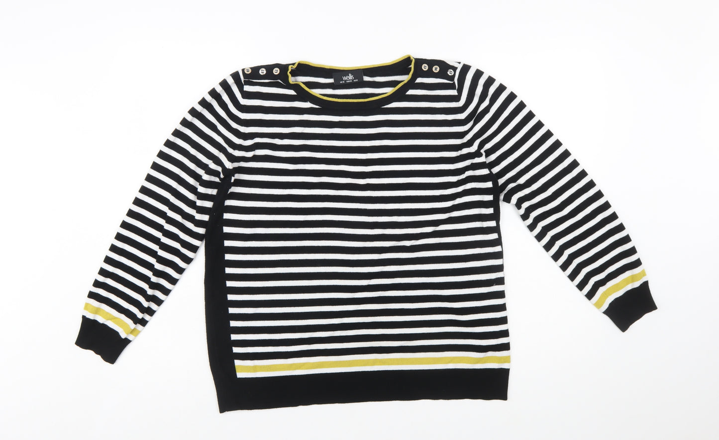 Wallis Women's Black Striped Button Shoulder Boat Neck Jumper Size 16