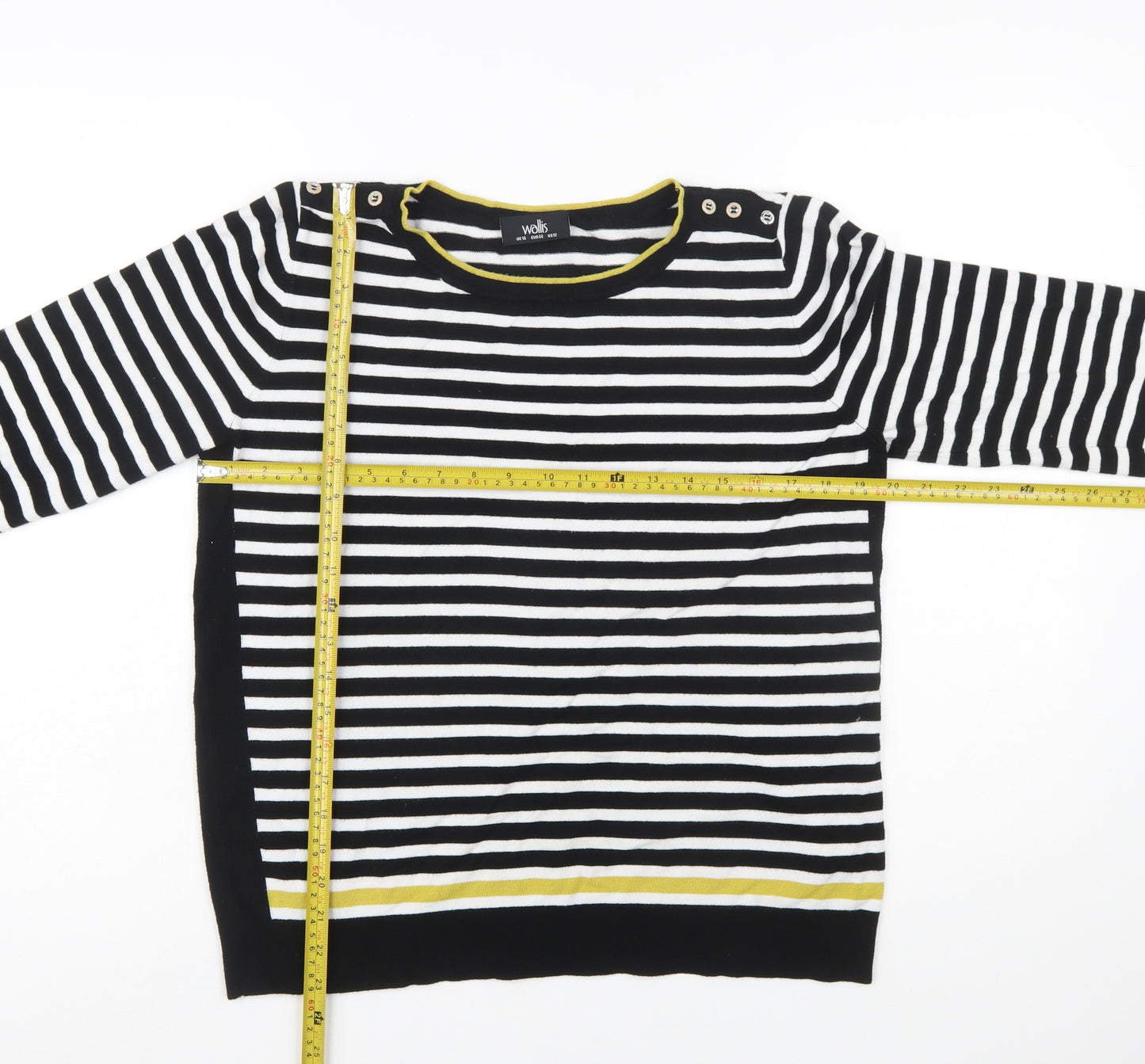 Wallis Women's Black Striped Button Shoulder Boat Neck Jumper Size 16