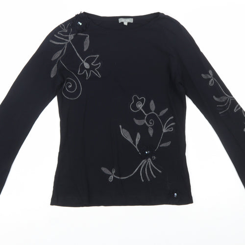 Marks and Spencer Per Una Women Black Embroidered Cotton Long Sleeve Top Size 12