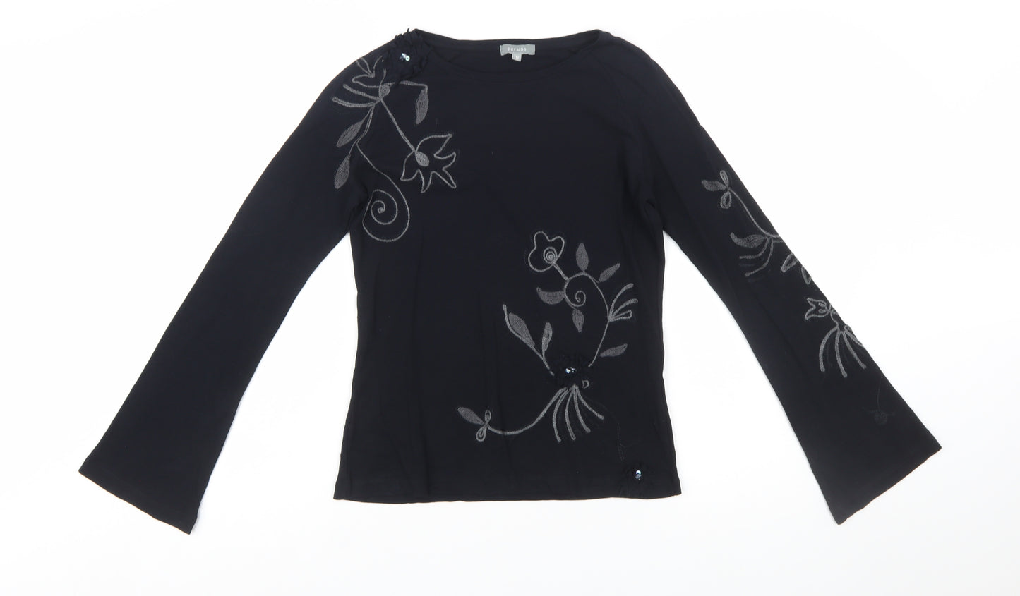 Marks and Spencer Per Una Women Black Embroidered Cotton Long Sleeve Top Size 12