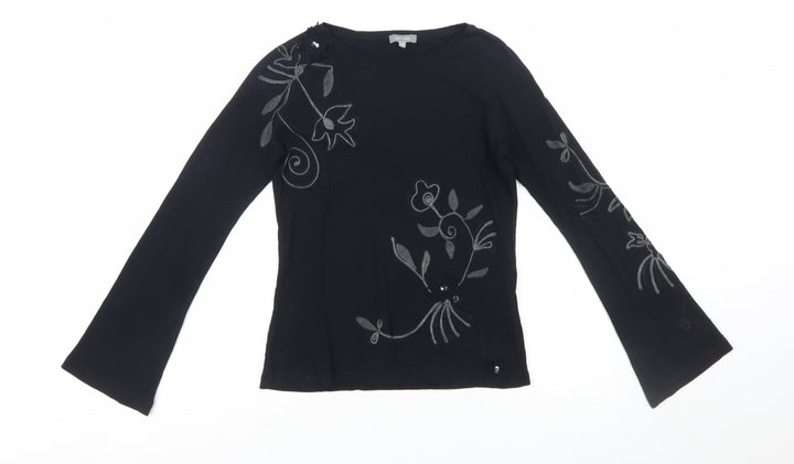 Marks and Spencer Per Una Women Black Embroidered Cotton Long Sleeve Top Size 12