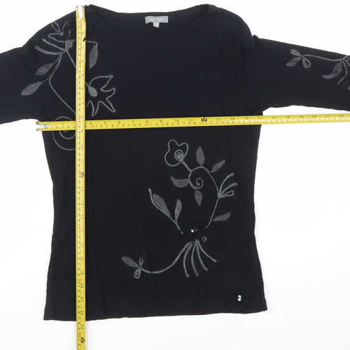 Marks and Spencer Per Una Women Black Embroidered Cotton Long Sleeve Top Size 12