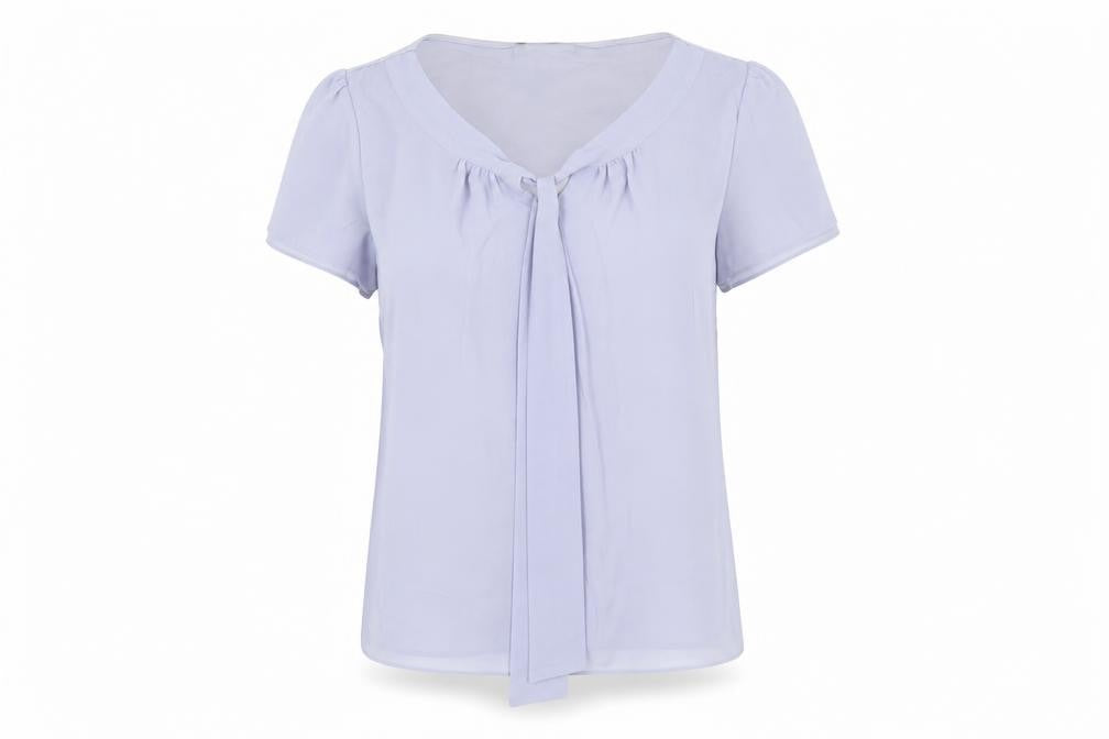Front view of Reflect Women’s Light Purple Short Sleeve Bow Blouse, size UK 8
