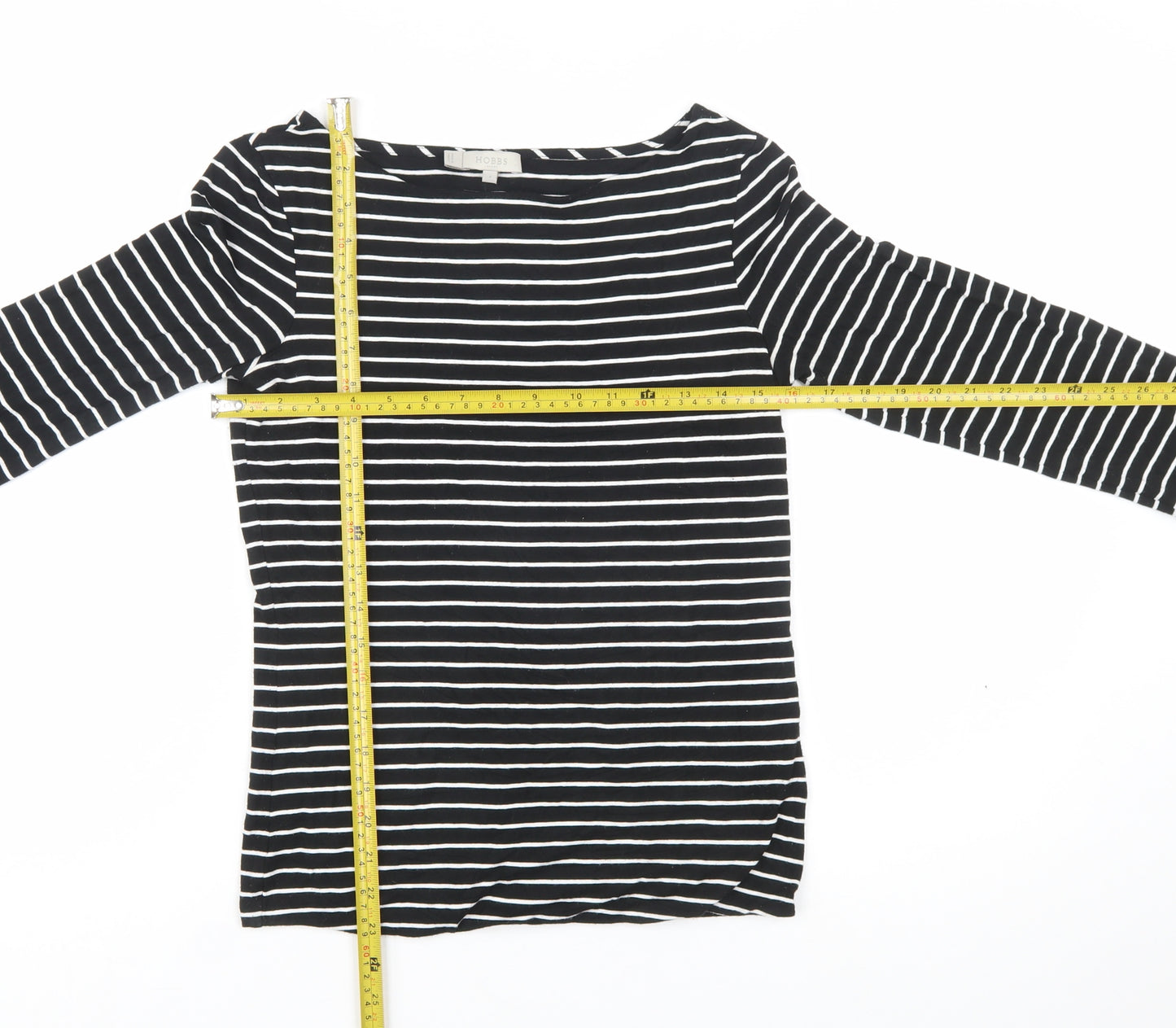 Hobbs Women's Black Striped 3/4 Sleeve Boat Neck Cotton Blend Top S