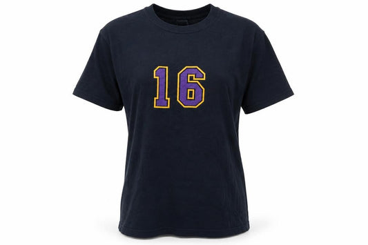 Front view of Gildan unisex black sports number 16 cotton t-shirt, size M