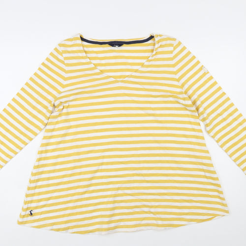 Joules Women Yellow White Striped Cotton Long Sleeve V-Neck Top UK 12