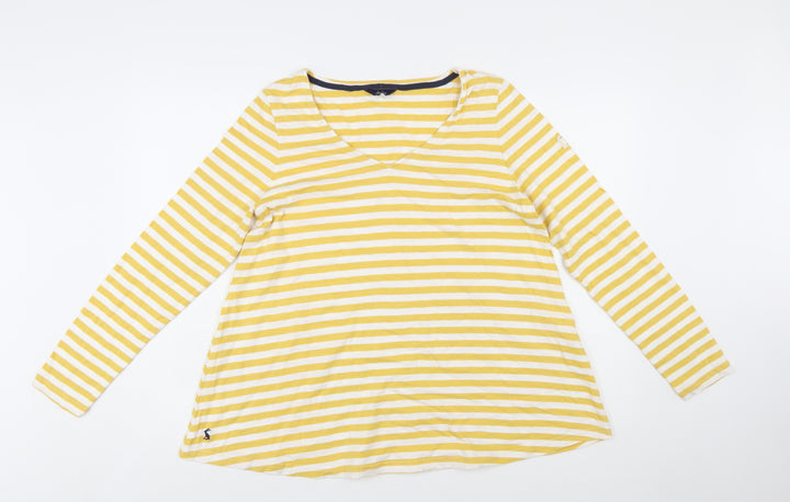 Joules Women Yellow White Striped Cotton Long Sleeve V-Neck Top UK 12