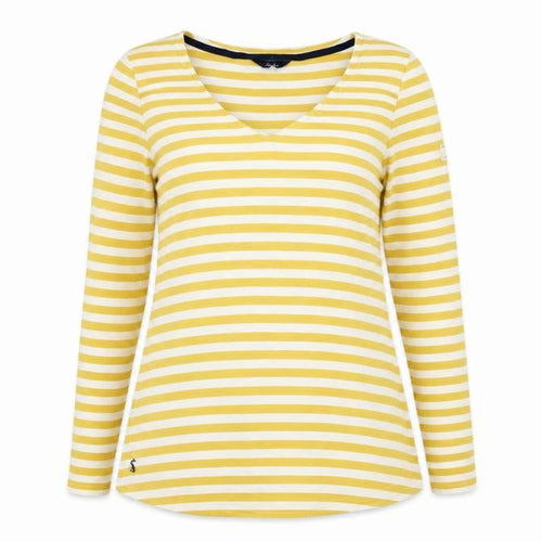 Joules Women Yellow White Striped Cotton Long Sleeve V-Neck Top UK 12