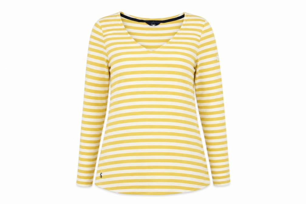 Joules Women Yellow White Striped Cotton Long Sleeve V-Neck Top UK 12