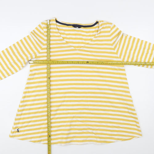 Joules Women Yellow White Striped Cotton Long Sleeve V-Neck Top UK 12