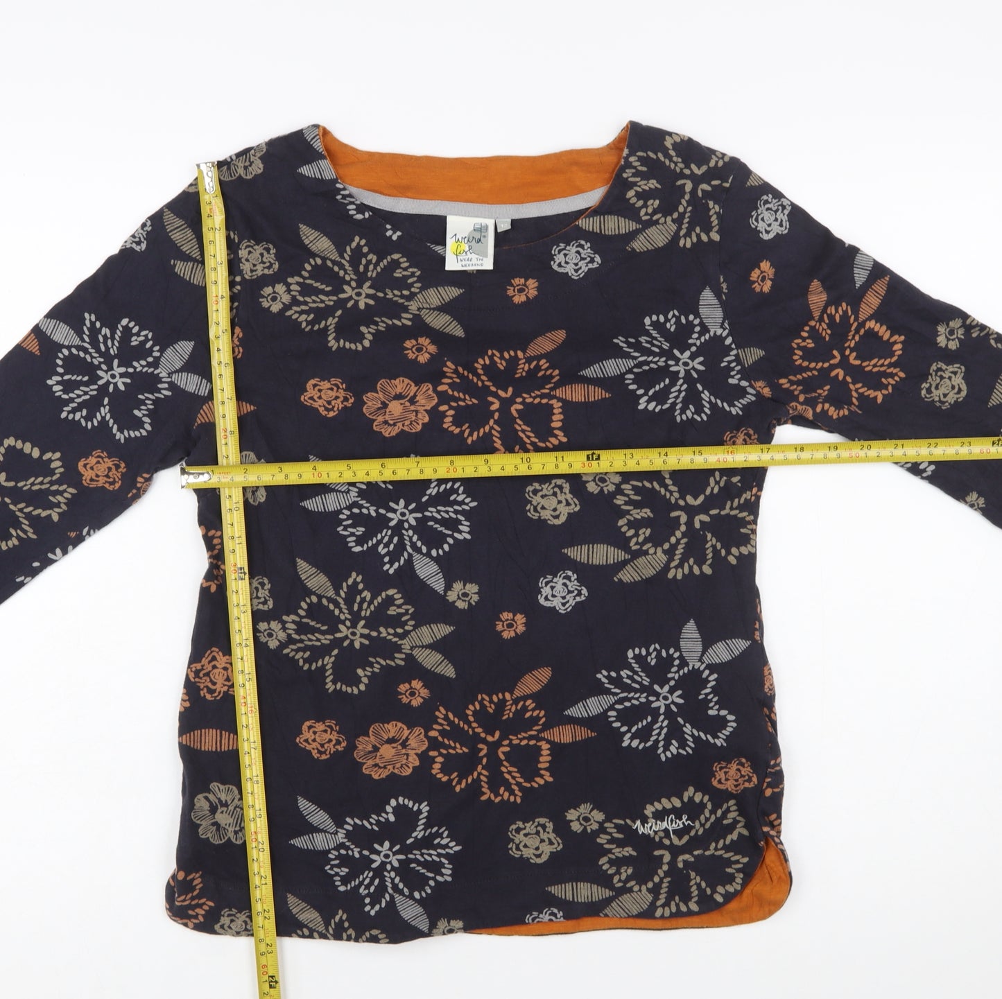 Weird Fish Women's Blue Floral Tunic Blouse Size 12 3/4 Sleeve Cotton
