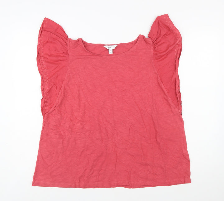 Marks and Spencer Womens Pink Cotton Embroidered Flutter Sleeve Blouse Size 16