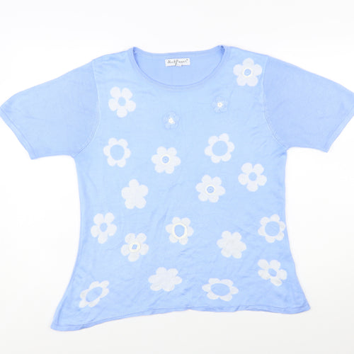 Mudflower Women Blue Floral Knit Short Sleeve Pullover Jumper S