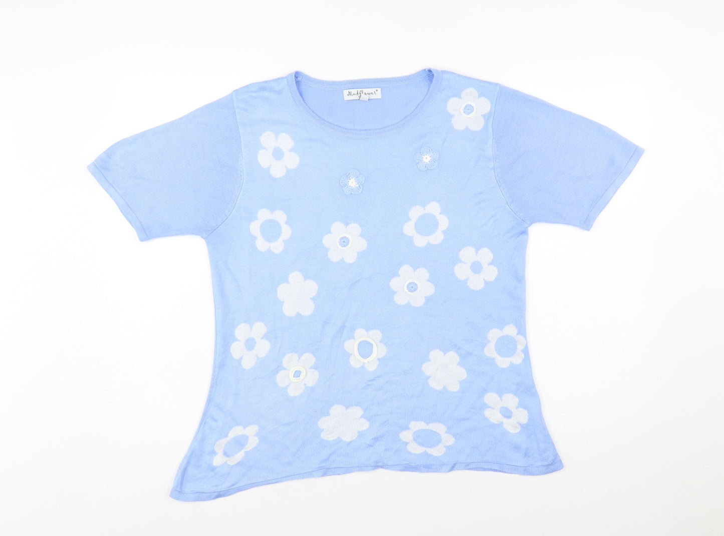 Mudflower Women Blue Floral Knit Short Sleeve Pullover Jumper S
