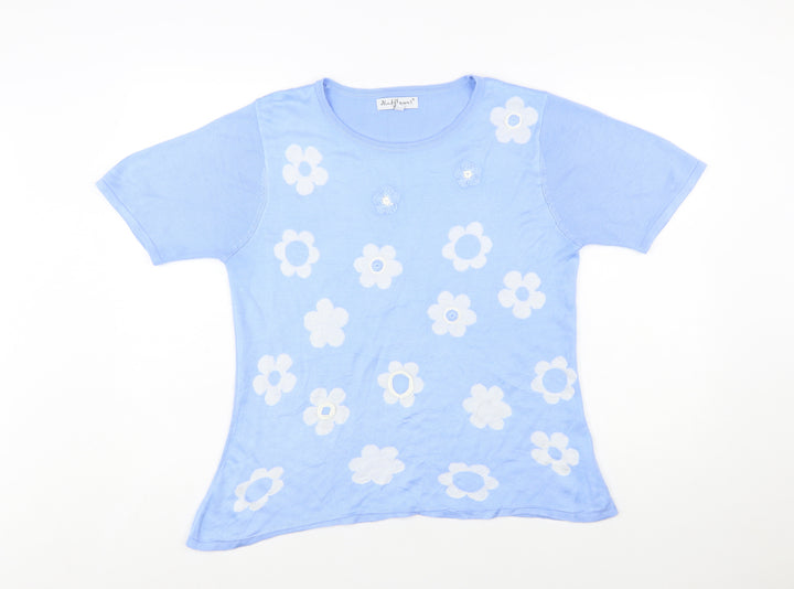 Mudflower Women Blue Floral Knit Short Sleeve Pullover Jumper S