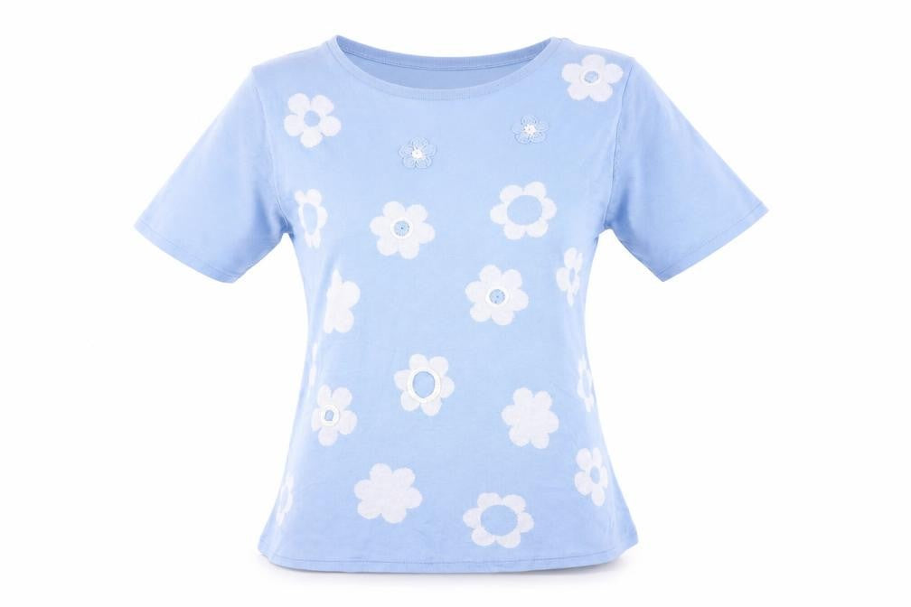 Front view of Mudflower Women Blue Floral Knit Short Sleeve jumper S