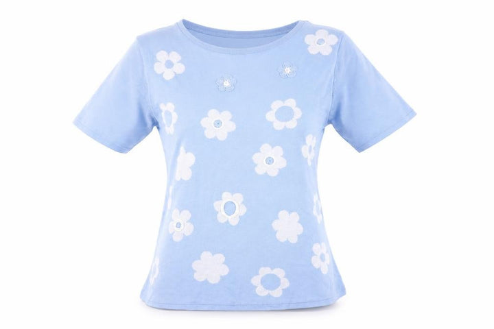 Mudflower Women Blue Floral Knit Short Sleeve Pullover Jumper S