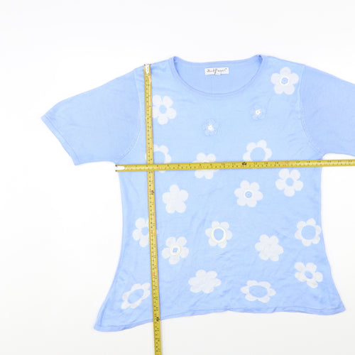 Mudflower Women Blue Floral Knit Short Sleeve Pullover Jumper S