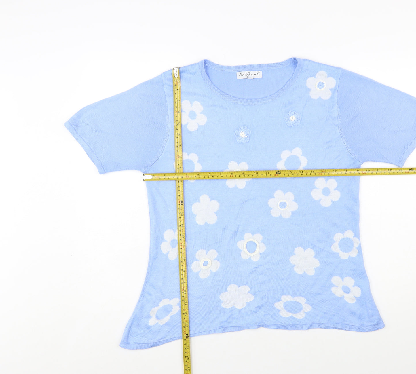 Mudflower Women Blue Floral Knit Short Sleeve Pullover Jumper S