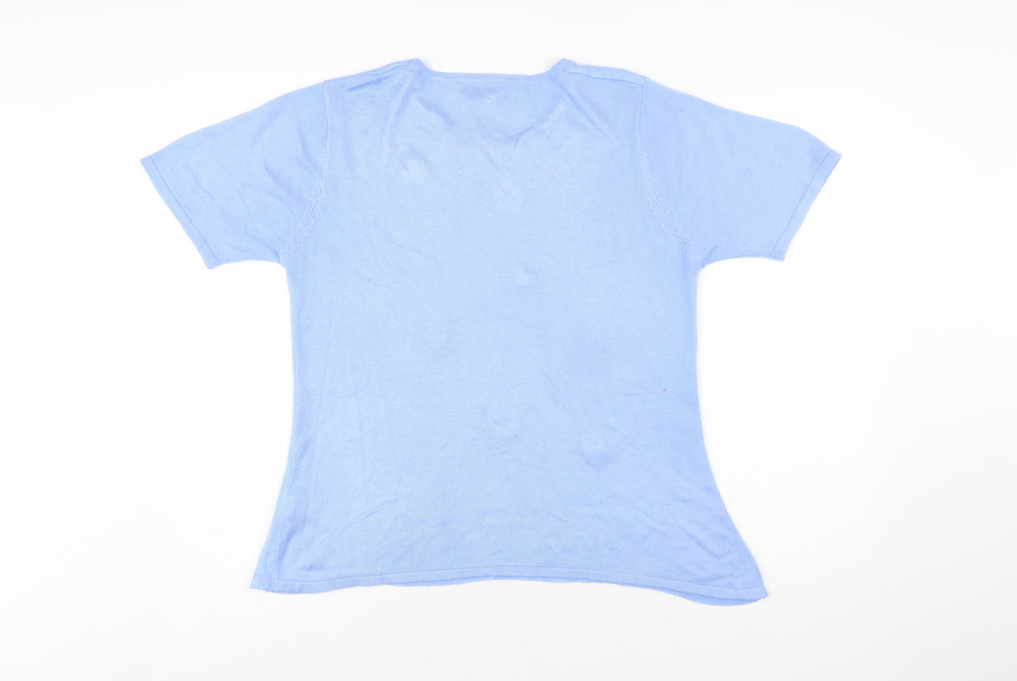 Mudflower Women Blue Floral Knit Short Sleeve Pullover Jumper S