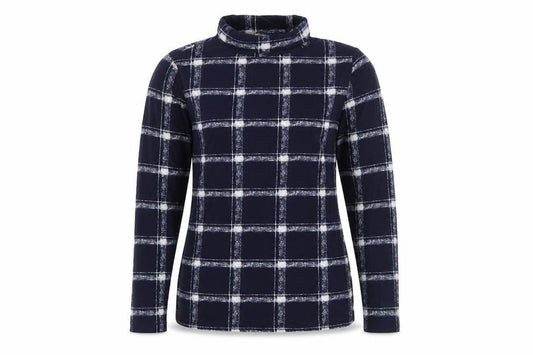 Front view of Pebble Bay Women’s Blue Check Roll Neck Long Sleeve Top, size UK 12