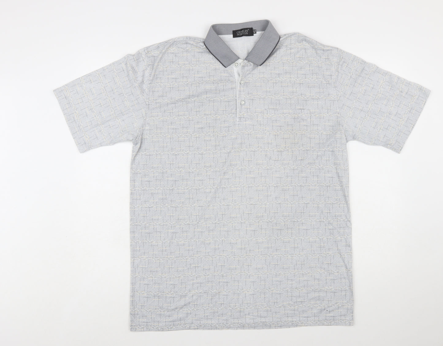 Charles Norton Men's Grey Geometric Polo Shirt XL Short Sleeve
