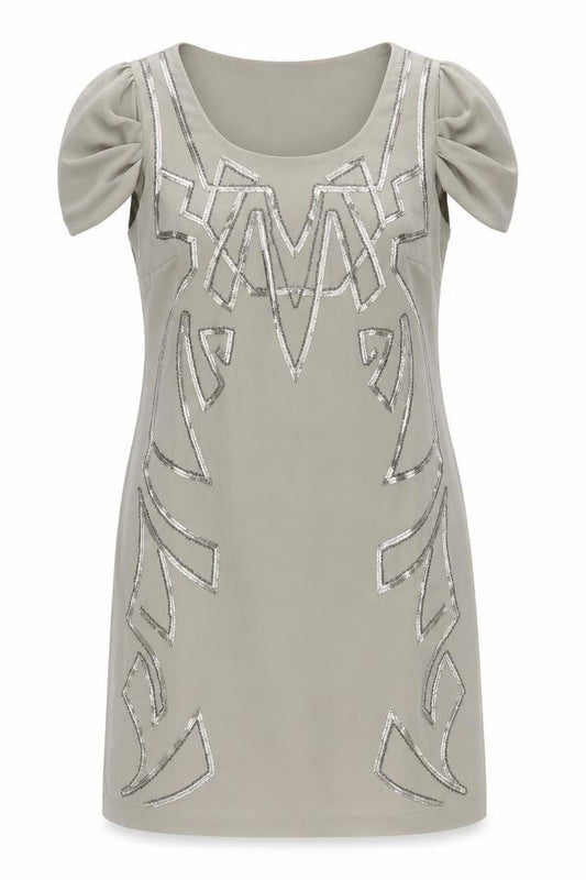 Front view of Marks & Spencer Women Beige, size 14, Sequin Shift Dress