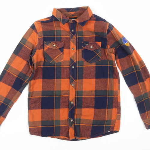 Animal Boys Orange Navy Check Flannel Long Sleeve Button-Up Shirt 11-12 Years