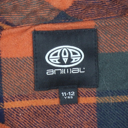 Animal Boys Orange Navy Check Flannel Long Sleeve Button-Up Shirt 11-12 Years
