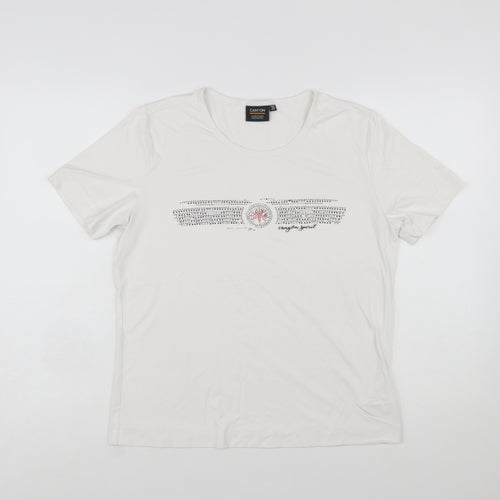 Canyon Women White Rhinestone Logo Short Sleeve Stretch T-Shirt Size 10