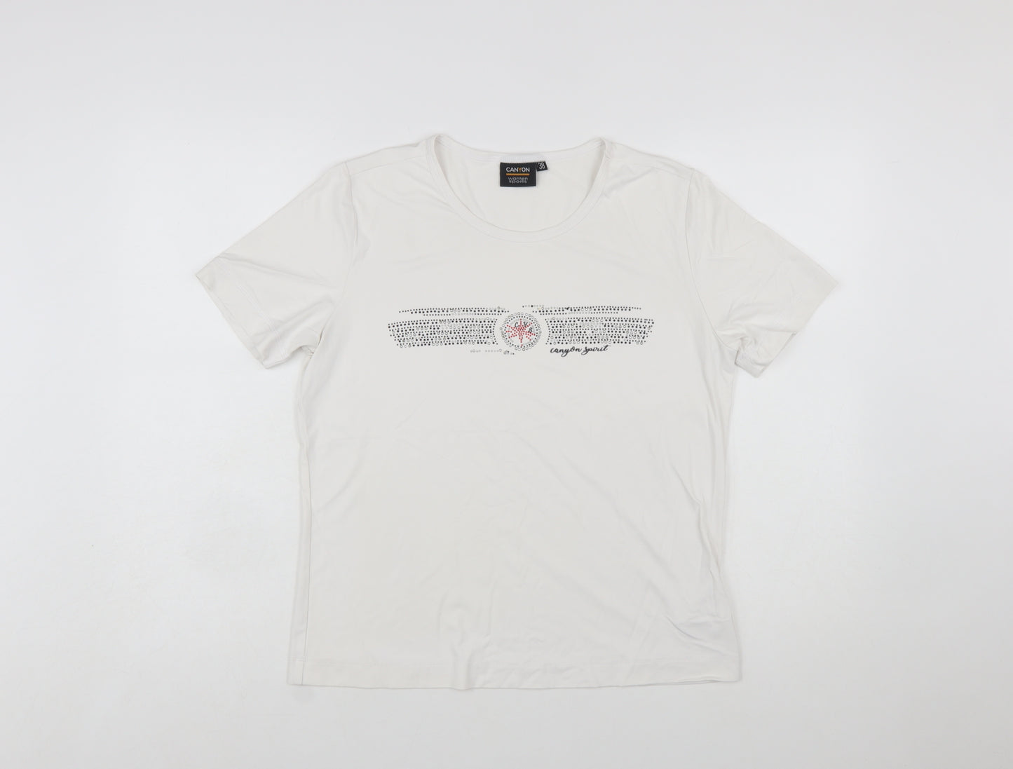Canyon Women White Rhinestone Logo Short Sleeve Stretch T-Shirt Size 10