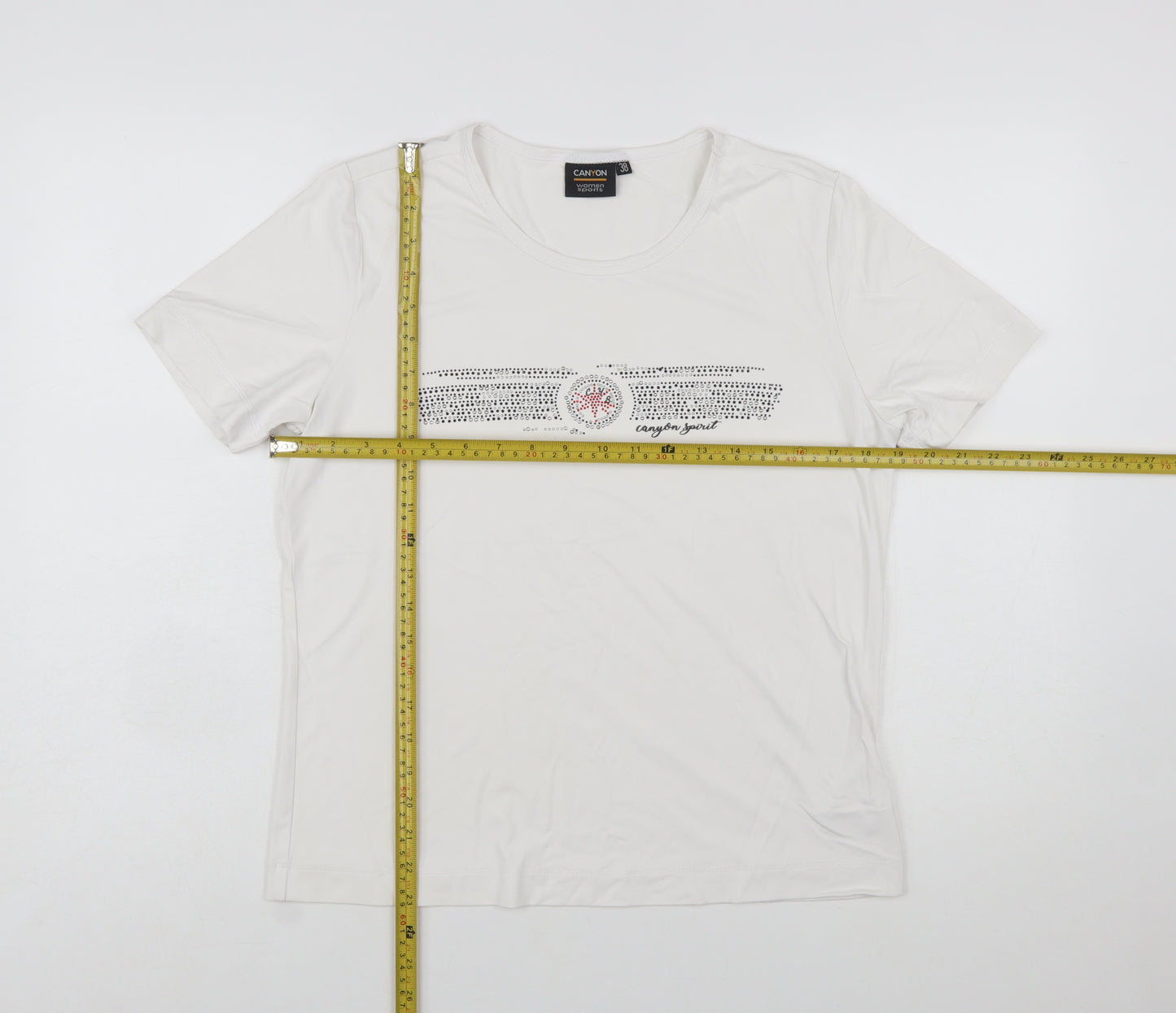 Canyon Women White Rhinestone Logo Short Sleeve Stretch T-Shirt Size 10