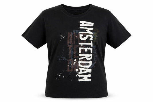 Front view of Fox Originals unisex black amsterdam graphic cotton t-shirt m