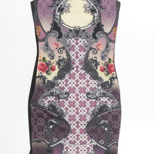 Miss Selfridge Women Purple Bodycon Dress Size 8 Baroque Print Zip Back