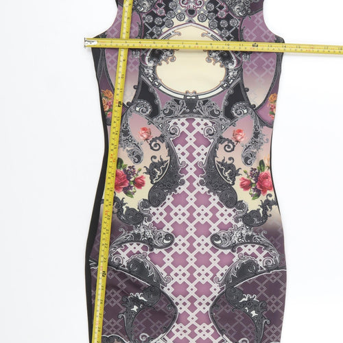 Miss Selfridge Women Purple Bodycon Dress Size 8 Baroque Print Zip Back